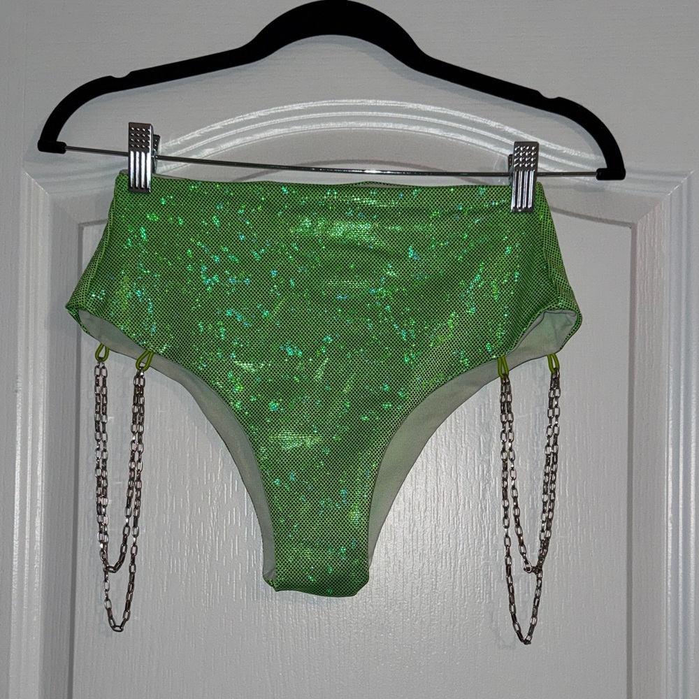 High-Waisted Neon Green Iridescent Cheeky Rave Bottoms with Chains